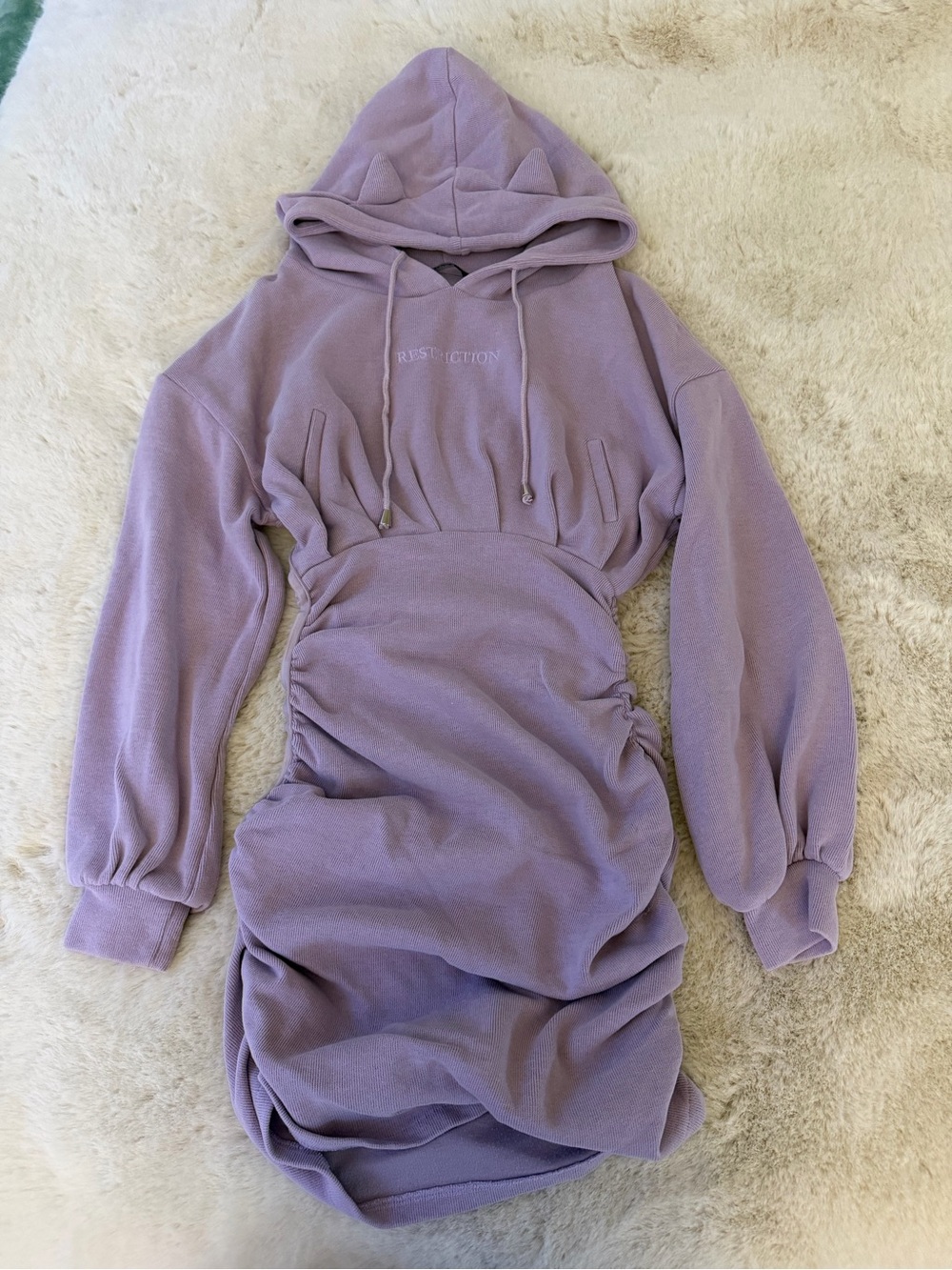 Lilac Hooded Ruched Sweatshirt Dress with Cat-Ear Hood